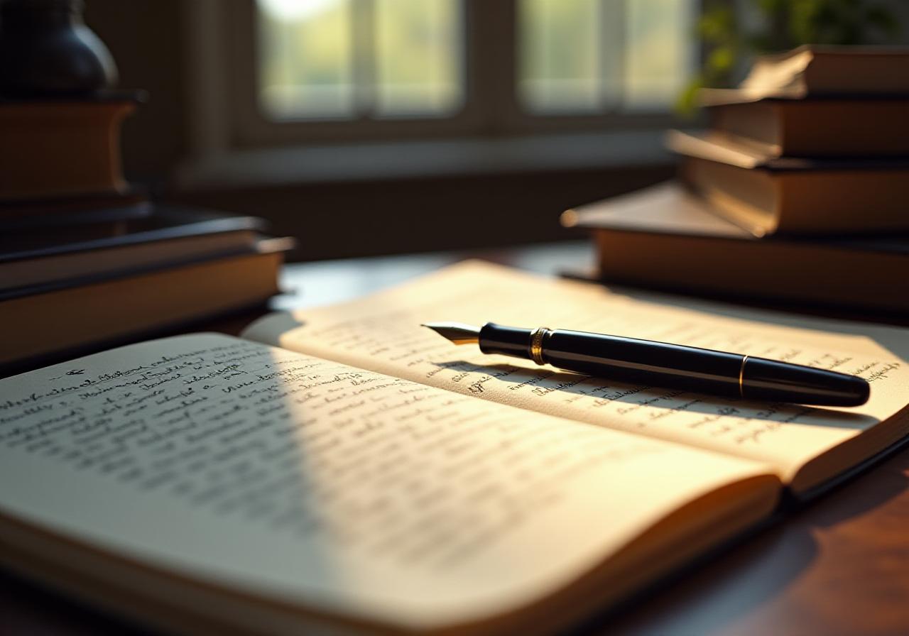 Escritorio de autor con manuscritos y pluma de alta gama